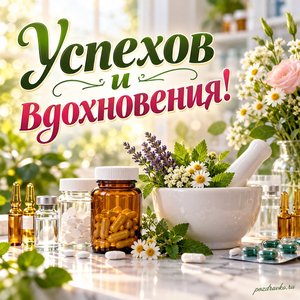 День фармацевта в России — открытка «Успехов и вдохновения!» с аккуратными флаконами без этикеток День фармацевта в России — открытка «Успехов и вдохновения!» с аккуратными флаконами без этикеток