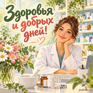 День фармацевта в России — открытка «Здоровья и добрых дней!» с фармацевтом за чистым рабочим столом День фармацевта в России — открытка «Здоровья и добрых дней!» с фармацевтом за чистым рабочим столом