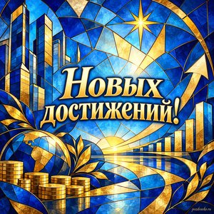 День финансиста — открытка «Новых достижений!» с геометрическими фигурами в синих и золотых тонах
