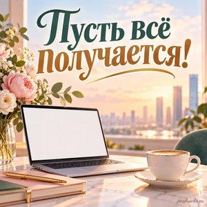 День финансиста — открытка «Пусть всё получается!» с ноутбуком с пустым экраном и чашкой кофе