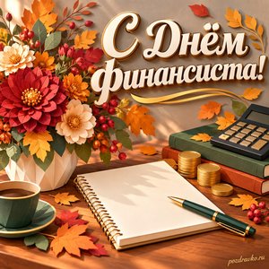 День финансиста — открытка «С Днём финансиста!» с аккуратным блокнотом без текста и осенними цветами