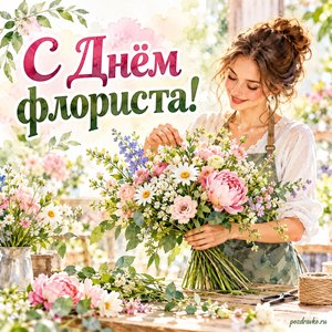 День флориста — открытка «С Днём флориста!» с флористом, собирающим летний букет