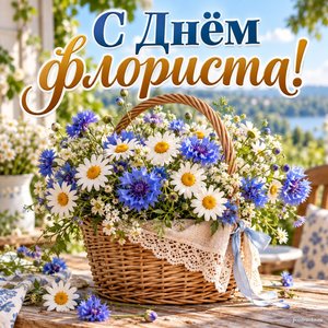 День флориста — открытка «С Днём флориста!» с корзиной ромашек и васильков