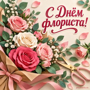 День флориста — открытка «С Днём флориста!» с розами и садовыми ножницами