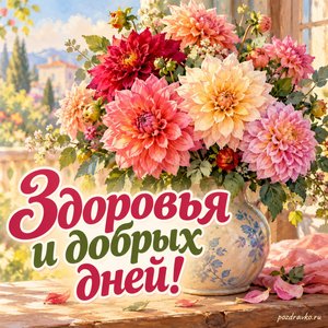 День флориста — открытка «Здоровья и добрых дней!» с букетом георгин в керамической вазе