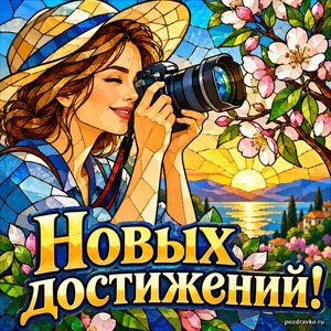День фотографа — открытка «Новых достижений!» с фотографом, снимающим цветущую веточку
