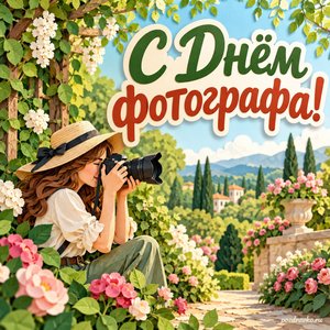 День фотографа — открытка «С Днём фотографа!» с фотографом в зелёном саду
