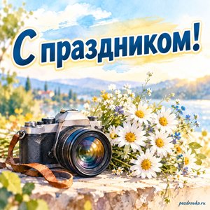 День фотографа — открытка «С праздником!» с камерой и букетом ромашек