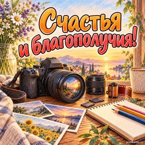 День фотографа — открытка «Счастья и благополучия!» с творческим рабочим столом без логотипов