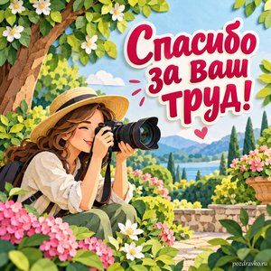 День фотографа — открытка «Спасибо за ваш труд!» с фотографом в зелёном саду
