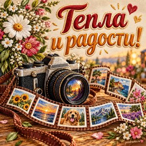 День фотографа — открытка «Тепла и радости!» с камерой и лентой маленьких снимков без текста