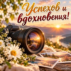 День фотографа — открытка «Успехов и вдохновения!» с объективом и мягкими солнечными бликами