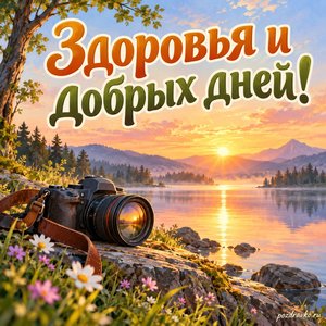 День фотографа — открытка «Здоровья и добрых дней!» с камерой у тихого озера на рассвете