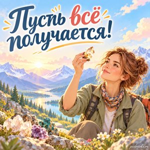 День геолога — открытка «Пусть всё получается!» с исследовательницей, рассматривающей минерал на свету