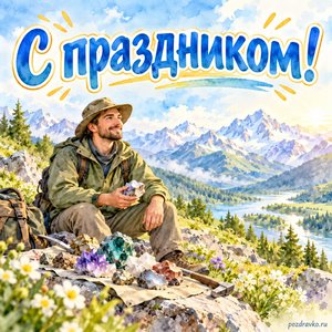 День геолога — открытка «С праздником!» с геологом и образцами минералов на фоне весенних гор