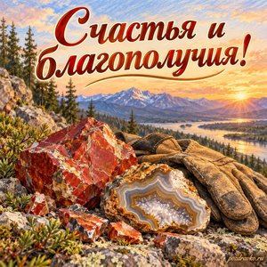 День геолога — открытка «Счастья и благополучия!» с яшмой, агатом и рабочими перчатками