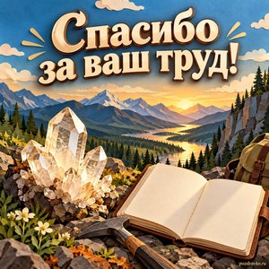 День геолога — открытка «Спасибо за ваш труд!» с кристаллом кварца и полевым блокнотом без букв