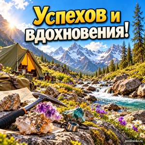 День геолога — открытка «Успехов и вдохновения!» с палаткой геологической экспедиции у горного ручья