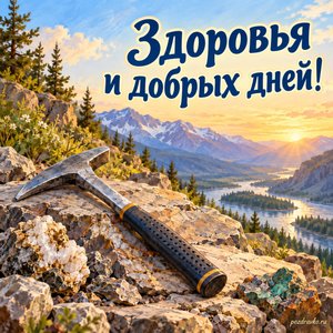 День геолога — открытка «Здоровья и добрых дней!» с геологическим молотком на каменной плите