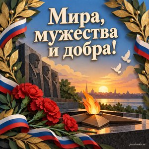 День Героев Отечества — открытка «Мира, мужества и добра!» с памятным мемориалом без надписей и ветвями лавра
