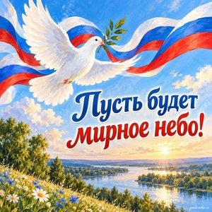День флага России — открытка «Пусть будет мирное небо!» с белым голубем и лентами цветов российского флага