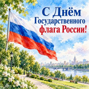 День флага России — открытка «С Днём Государственного флага России!» с российским триколором над зелёным городским парком без эмблем