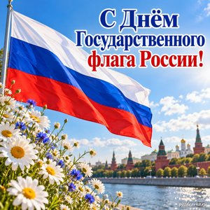 День флага России — открытка «С Днём Государственного флага России!» с трёхцветным флагом на фоне голубого неба
