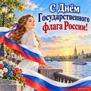 День флага России — открытка «С Днём Государственного флага России!» с мирной набережной и трёхцветными лентами