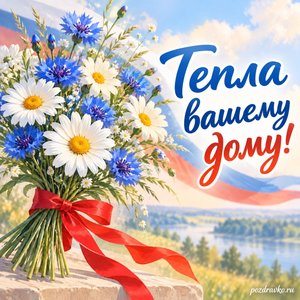 День флага России — открытка «Тепла вашему дому!» с букетом ромашек и васильков с красной лентой