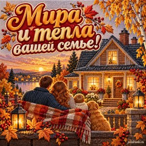 День гражданской обороны МЧС России — открытка «Мира и тепла вашей семье!» с семейным домом и осенними огнями