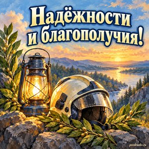 День гражданской обороны МЧС России — открытка «Надёжности и благополучия!» с фонарём, каской и ветвями лавра