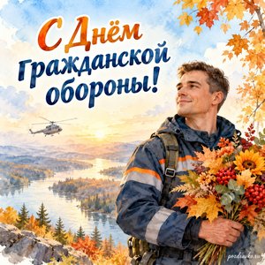 День гражданской обороны МЧС России — открытка «С Днём гражданской обороны!» со спасателем в нейтральной форме и осенним букетом