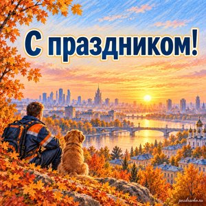 День гражданской обороны МЧС России — открытка «С праздником!» с тихим осенним городом на рассвете