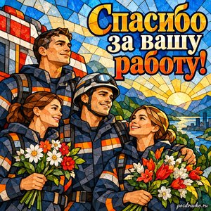 День гражданской обороны МЧС России — открытка «Спасибо за вашу работу!» с коллегами в нейтральной форме и цветами
