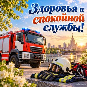 День гражданской обороны МЧС России — открытка «Здоровья и спокойной службы!» с спасательным автомобилем без символов в городе