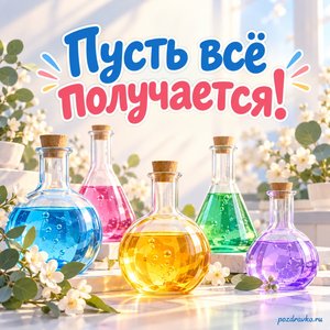 День химика — открытка «Пусть всё получается!» с цветными растворами в закрытых колбах