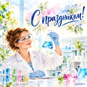 День химика — открытка «С праздником!» с химиком в защитных очках в светлой лаборатории