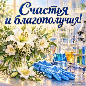 День химика — открытка «Счастья и благополучия!» с защитными перчатками и белыми цветами
