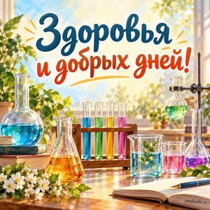 День химика — открытка «Здоровья и добрых дней!» с аккуратным лабораторным столом