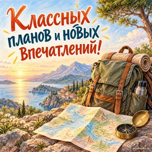День холостяка — открытка «Классных планов и новых впечатлений!» с рюкзаком и картой без надписей