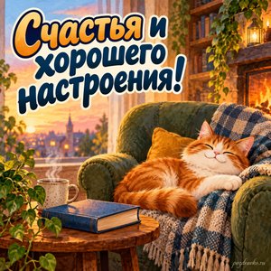 День холостяка — открытка «Счастья и хорошего настроения!» с уютным креслом, книгой и котом