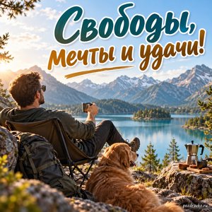 День холостяка — открытка «Свободы, мечты и удачи!» с мужчиной на фоне горного озера