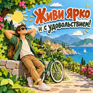 День холостяка — открытка «Живи ярко и с удовольствием!» с велосипедом на солнечной дорожке