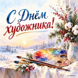 День художника — открытка «С Днём художника!» с палитрой, кистями и зимним букетом