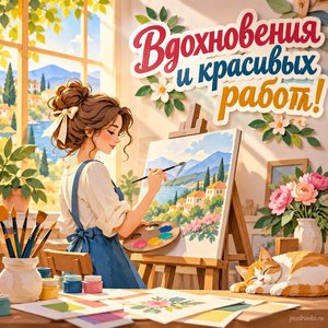 День художника — открытка «Вдохновения и красивых работ!» с художницей у мольберта в солнечной студии