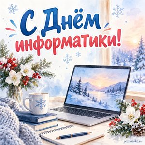 День информатики — открытка «С Днём информатики!» с ноутбуком без букв и зимними цветами