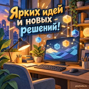 День информатики — открытка «Ярких идей и новых решений!» с уютным компьютерным кабинетом и светящимися геометрическими формами