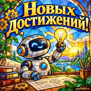 День изобретателя и рационализатора — открытка «Новых достижений!» с маленьким роботом без букв и логотипов