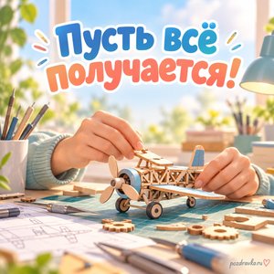 День изобретателя и рационализатора — открытка «Пусть всё получается!» с руками, собирающими простую модель