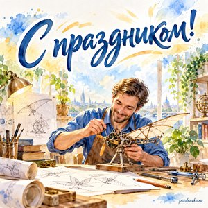 День изобретателя и рационализатора — открытка «С праздником!» с мастером и небольшим механическим прототипом
